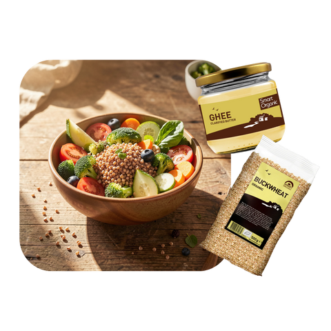 Grikių košė su keptomis daržovėmis