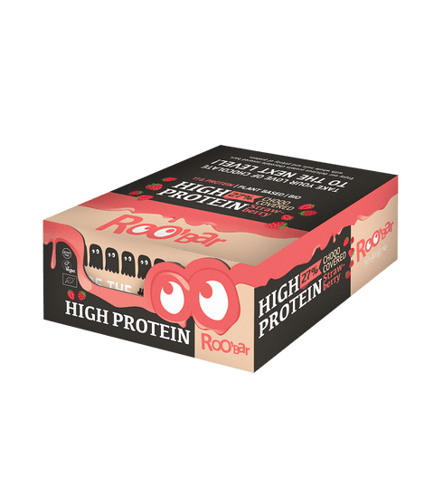 BIO wysokobiałkowy baton w różowej czekoladzie z truskawkami