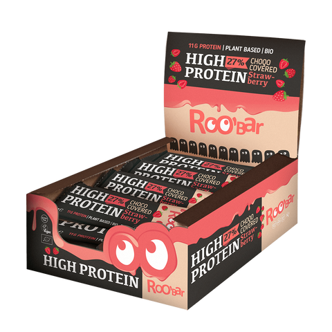 BIO wysokobiałkowy baton w różowej czekoladzie z truskawkami